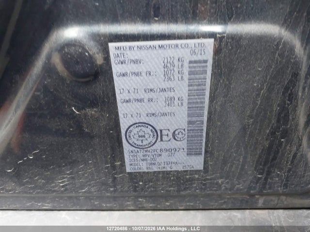 2015 Nissan Rogue Sv მანქანა იყიდება აუქციონზე, vin: 5N1AT2MV2FC890971, აუქციონის ნომერი: 12720486