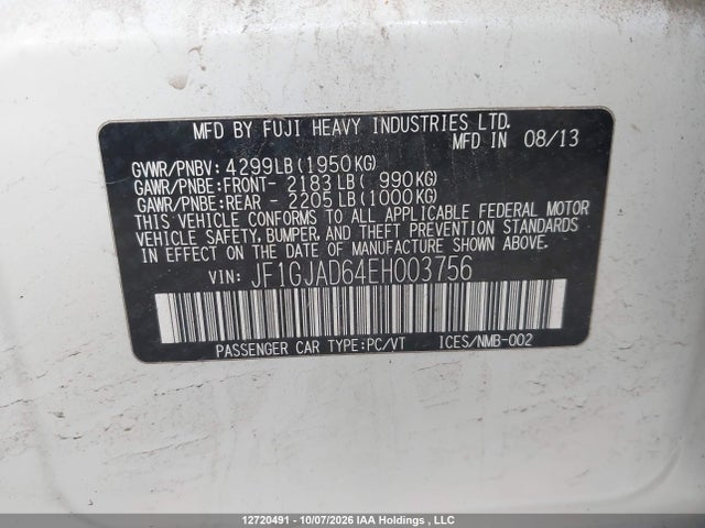 2014 Subaru Impreza Premium მანქანა იყიდება აუქციონზე, vin: JF1GJAD64EH003756, აუქციონის ნომერი: 12720491