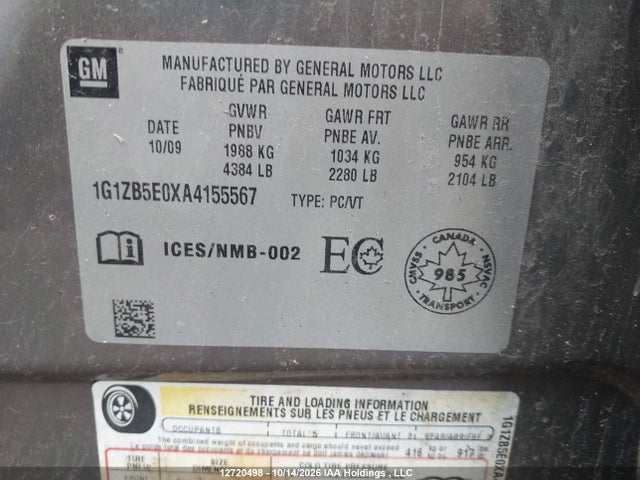 12720498 :رقم المزاد ، 1G1ZB5E0XA4155567 vin ، 2010 Chevrolet Malibu مزاد بيع