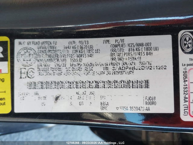 2013 Ford Fiesta Se მანქანა იყიდება აუქციონზე, vin: 3FADP4BJ2DM211252, აუქციონის ნომერი: 12708266