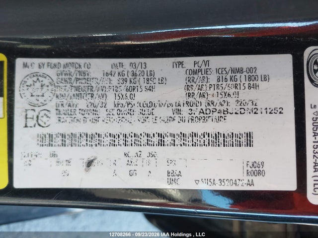 2013 Ford Fiesta Se მანქანა იყიდება აუქციონზე, vin: 3FADP4BJ2DM211252, აუქციონის ნომერი: 12708266