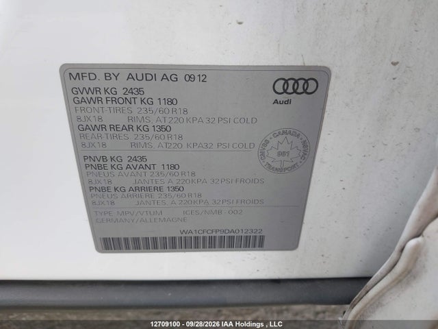 Auction sale of the 2013 Audi Q5 2.0t, vin: WA1CFCFP9DA012322, lot number: 12709100