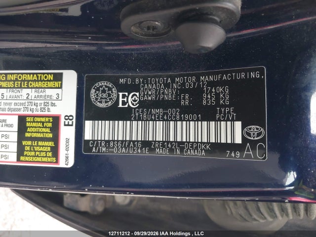 Aukcja sprzedaży 2012 Toyota Corolla Ce, vin: 2T1BU4EE4CC819001, numer aukcji: 12711212