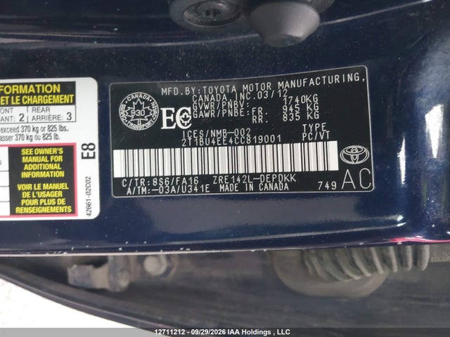 Aukcja sprzedaży 2012 Toyota Corolla Ce, vin: 2T1BU4EE4CC819001, numer aukcji: 12711212