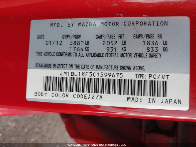 12712088 :رقم المزاد ، JM1BL1KF3C1599675 vin ، 2012 Mazda Mazda3 Gx مزاد بيع