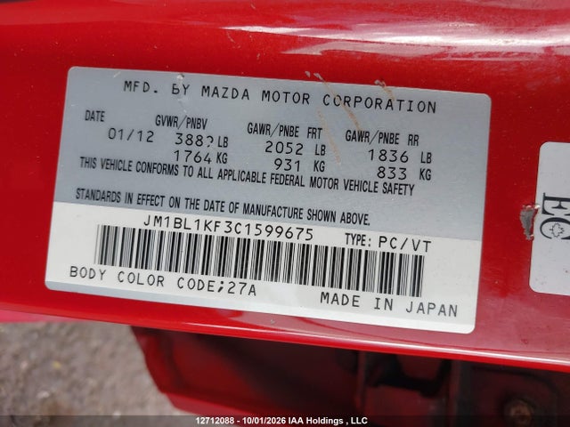12712088 :رقم المزاد ، JM1BL1KF3C1599675 vin ، 2012 Mazda Mazda3 Gx مزاد بيع