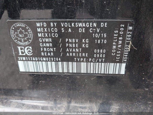 Продаж на аукціоні авто 2016 Volkswagen Golf 1.8 Tsi Comfortline/1.8 Tsi Highline/1.8 Tsi Trendline, vin: 3VW117AU1GM029264, номер лоту: 12717134