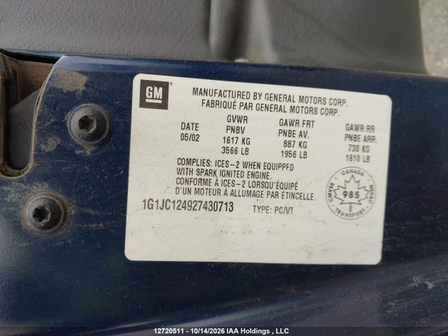 Aukcja sprzedaży 2002 Chevrolet Cavalier, vin: 1G1JC124927430713, numer aukcji: 12720511