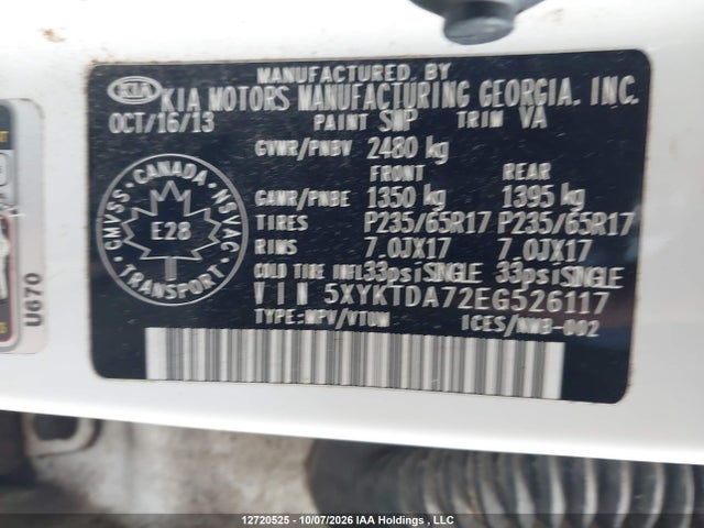 KIA Sorento Lx V6 2014 5XYKTDA72EG526117 Image 9