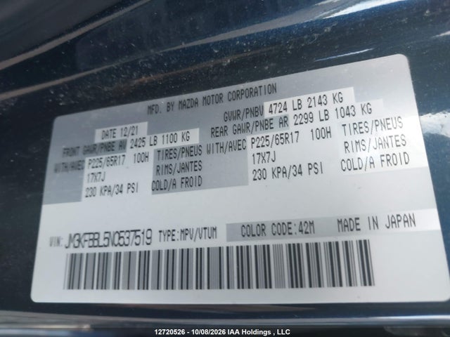 Продажа на аукционе авто 2022 Mazda Cx-5 Gx, vin: JM3KFBBL5N0537519, номер лота: 12720526
