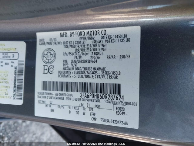 Aukcja sprzedaży 2013 Ford Fusion Se, vin: 3FA6P0HR6DR287624, numer aukcji: 12720532