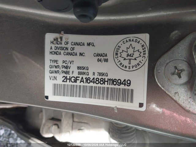 Продаж на аукціоні авто 2008 Honda Civic Dx-g, vin: 2HGFA16488H116949, номер лоту: 12720559