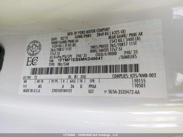Ford F150 2021 1FTMF1EB8MKD48641 Image 9