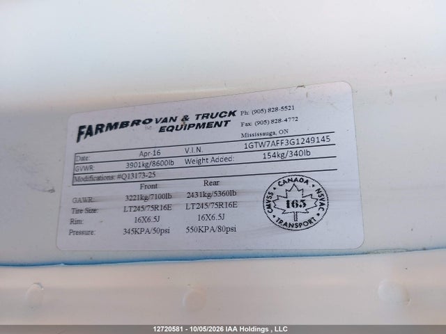 Продаж на аукціоні авто 2016 Gmc Savana G2500, vin: 1GTW7AFF3G1249145, номер лоту: 12720581