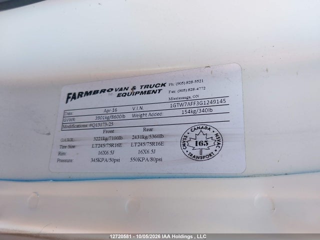 Продаж на аукціоні авто 2016 Gmc Savana G2500, vin: 1GTW7AFF3G1249145, номер лоту: 12720581