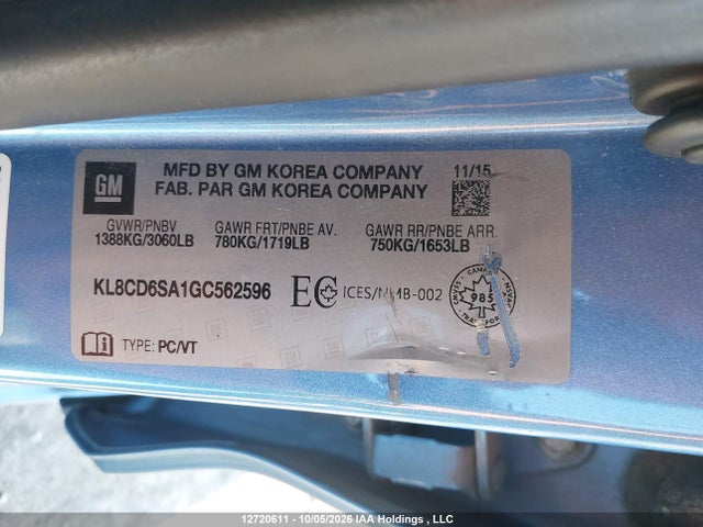 2016 Chevrolet Spark 1lt Cvt მანქანა იყიდება აუქციონზე, vin: KL8CD6SA1GC562596, აუქციონის ნომერი: 12720611