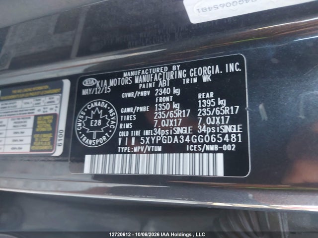 12720612 :رقم المزاد ، 5XYPGDA34GG065481 vin ، 2016 Kia Sorento 2.4l Lx مزاد بيع
