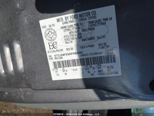 12720618 :رقم المزاد ، 1FTLR4FE9APA69341 vin ، 2010 Ford Ranger Sport/xlt مزاد بيع
