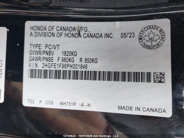 12720622 :رقم المزاد ، 2HGFE1F96PH001846 vin ، 2023 Honda Civic Touring مزاد بيع
