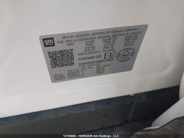 12720665 :رقم المزاد ، 2GNAXWEV8N6138866 vin ، 2022 Chevrolet Equinox Rs مزاد بيع