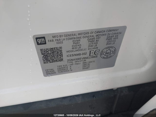 12720665 :رقم المزاد ، 2GNAXWEV8N6138866 vin ، 2022 Chevrolet Equinox Rs مزاد بيع