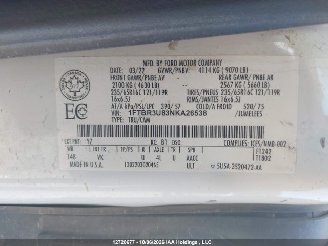 Продажа на аукционе авто 2022 Ford Transit T-250, vin: 1FTBR3U83NKA26538, номер лота: 12720677