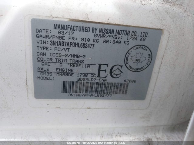 2017 Nissan Sentra 1.8 S/1.8 Sl/1.8 Sv მანქანა იყიდება აუქციონზე, vin: 3N1AB7AP0HL682477, აუქციონის ნომერი: 12720678