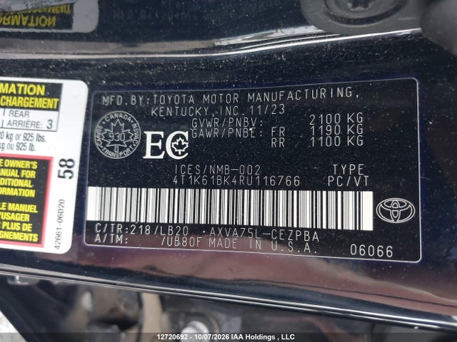 2024 Toyota Camry Xse მანქანა იყიდება აუქციონზე, vin: 4T1K61BK4RU116766, აუქციონის ნომერი: 12720692