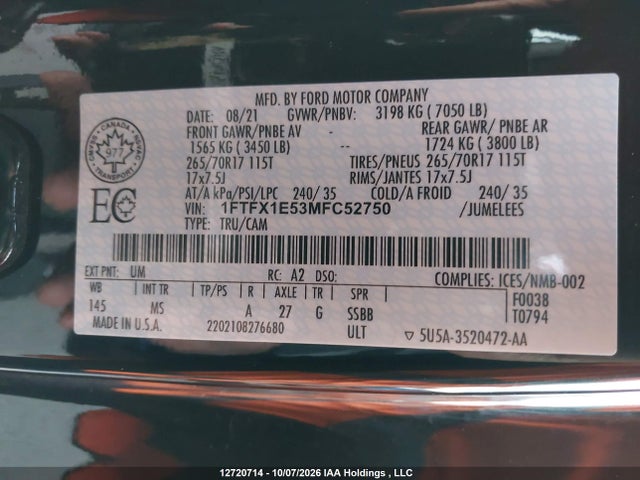 2021 Ford F150 Super Cab მანქანა იყიდება აუქციონზე, vin: 1FTFX1E53MFC52750, აუქციონის ნომერი: 12720714