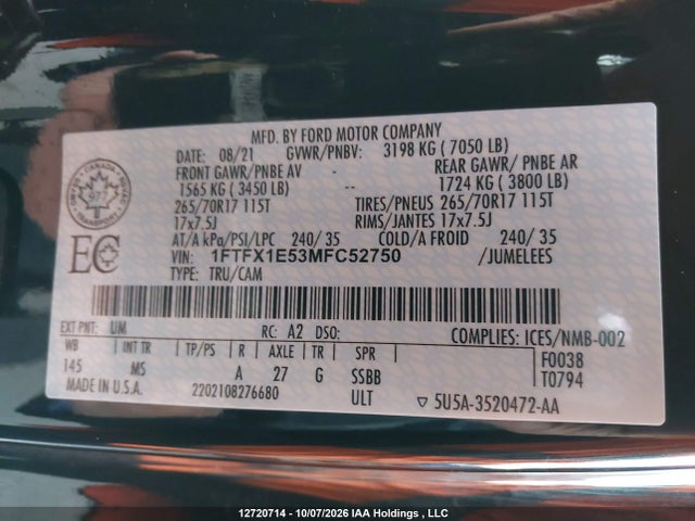 2021 Ford F150 Super Cab მანქანა იყიდება აუქციონზე, vin: 1FTFX1E53MFC52750, აუქციონის ნომერი: 12720714