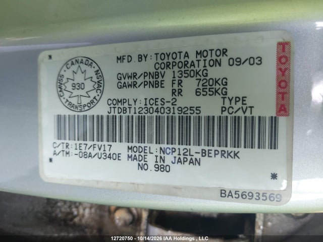 Продаж на аукціоні авто 2004 Toyota Echo, vin: JTDBT123040319255, номер лоту: 12720750