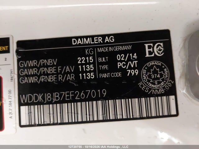 12720755 :رقم المزاد ، WDDKJ8JB7EF267019 vin ، 2014 Mercedes-benz E 350 4matic مزاد بيع