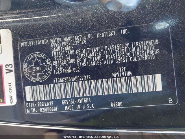 2010 Toyota Venza Base V6 მანქანა იყიდება აუქციონზე, vin: 4T3BK3BB1AU027319, აუქციონის ნომერი: 12720758