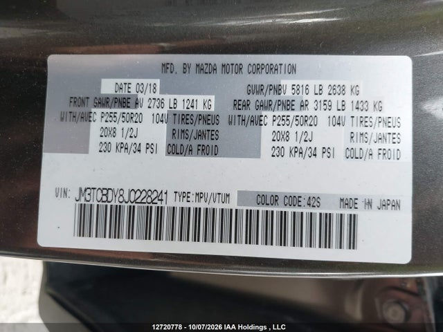 Auction sale of the 2018 Mazda Cx-9 Grand Touring, vin: JM3TCBDY8J0228241, lot number: 12720778