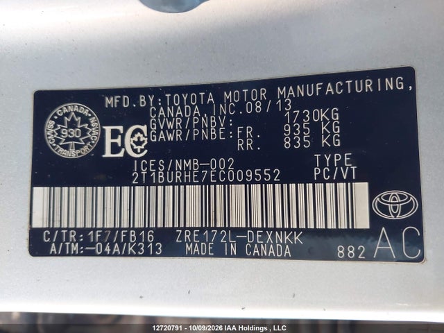 2T1BURHE7EC009552 Toyota Corolla L/le/le Pls/prm/s/s Pls