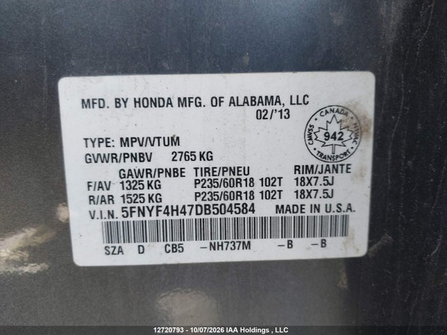 Продажа на аукционе авто 2013 Honda Pilot Ex, vin: 5FNYF4H47DB504584, номер лота: 12720793