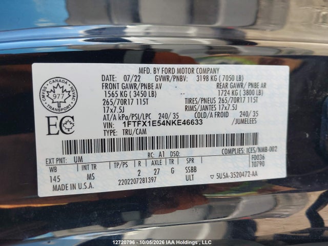 12720796 :رقم المزاد ، 1FTFX1E54NKE46633 vin ، 2022 Ford F150 Super Cab مزاد بيع