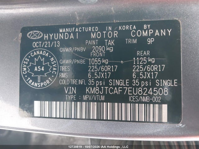 2014 Hyundai Tucson Gl მანქანა იყიდება აუქციონზე, vin: KM8JTCAF7EU824508, აუქციონის ნომერი: 12720819