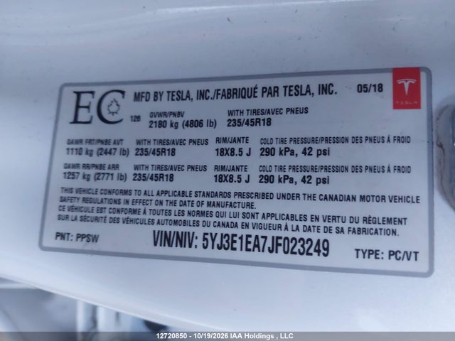 12720850 :رقم المزاد ، 5YJ3E1EA7JF023249 vin ، 2018 Tesla Model 3 Long Range/mid Range مزاد بيع