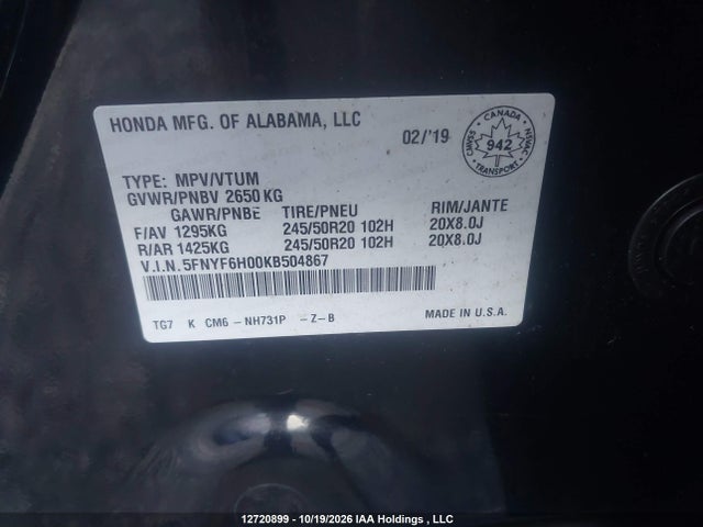 Honda Pilot Black Edition 2019 5FNYF6H00KB504867 Image 9