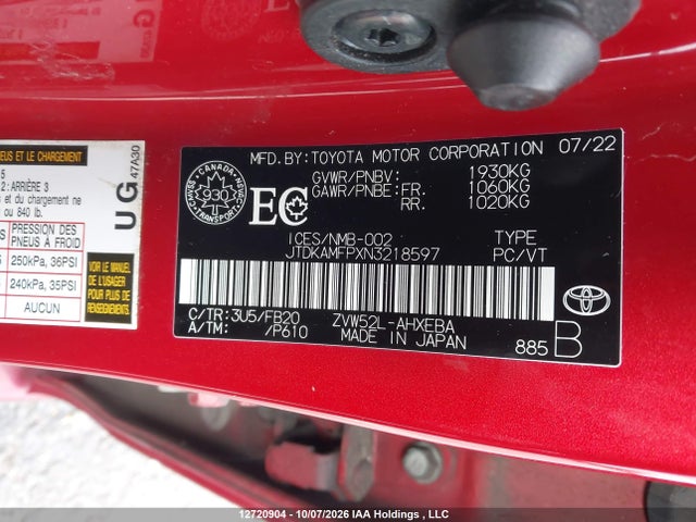 Продаж на аукціоні авто 2022 Toyota Prius Prime Le/xle/limited, vin: JTDKAMFPXN3218597, номер лоту: 12720904
