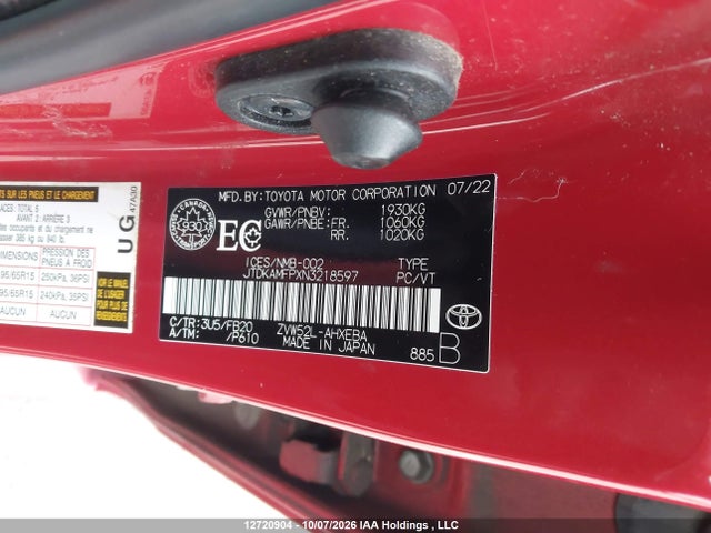 Продаж на аукціоні авто 2022 Toyota Prius Prime Le/xle/limited, vin: JTDKAMFPXN3218597, номер лоту: 12720904