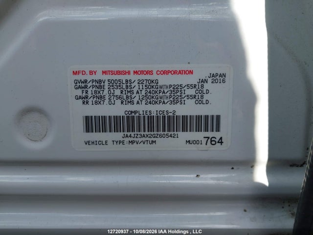 12720937 :رقم المزاد ، JA4JZ3AX2GZ605421 vin ، 2016 Mitsubishi Outlander Se مزاد بيع
