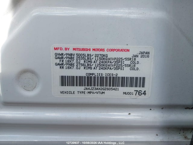 12720937 :رقم المزاد ، JA4JZ3AX2GZ605421 vin ، 2016 Mitsubishi Outlander Se مزاد بيع