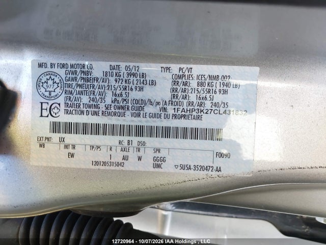 2012 Ford Focus Se მანქანა იყიდება აუქციონზე, vin: 1FAHP3K27CL431832, აუქციონის ნომერი: 12720964