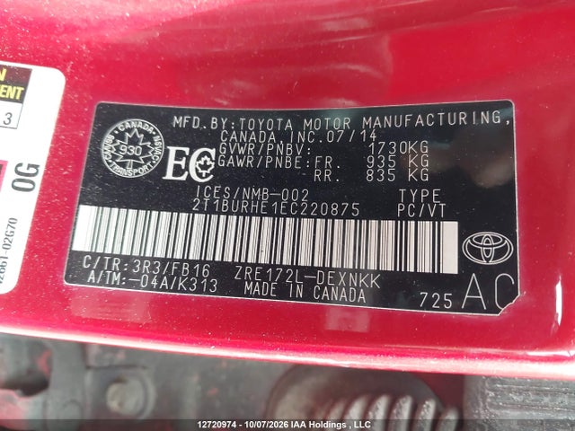 2T1BURHE1EC220875 Toyota COROLLA LE