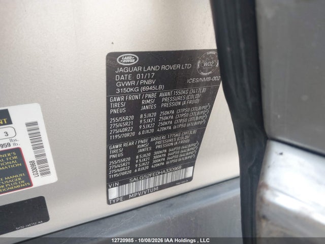 Aukcja sprzedaży 2017 Land Rover Range Rover 5.0l V8 Supercharged, vin: SALGS2FE0HA330968, numer aukcji: 12720985