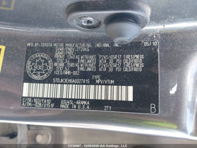Aukcja sprzedaży 2010 Toyota Highlander, vin: 5TDJK3EH6AS027815, numer aukcji: 12720987