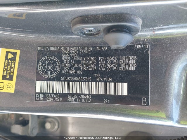 Aukcja sprzedaży 2010 Toyota Highlander, vin: 5TDJK3EH6AS027815, numer aukcji: 12720987