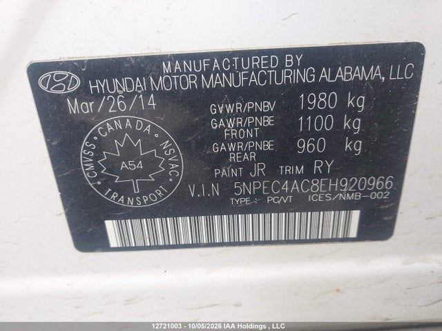 Aukcja sprzedaży 2014 Hyundai Sonata Se, vin: 5NPEC4AC8EH920966, numer aukcji: 12721003